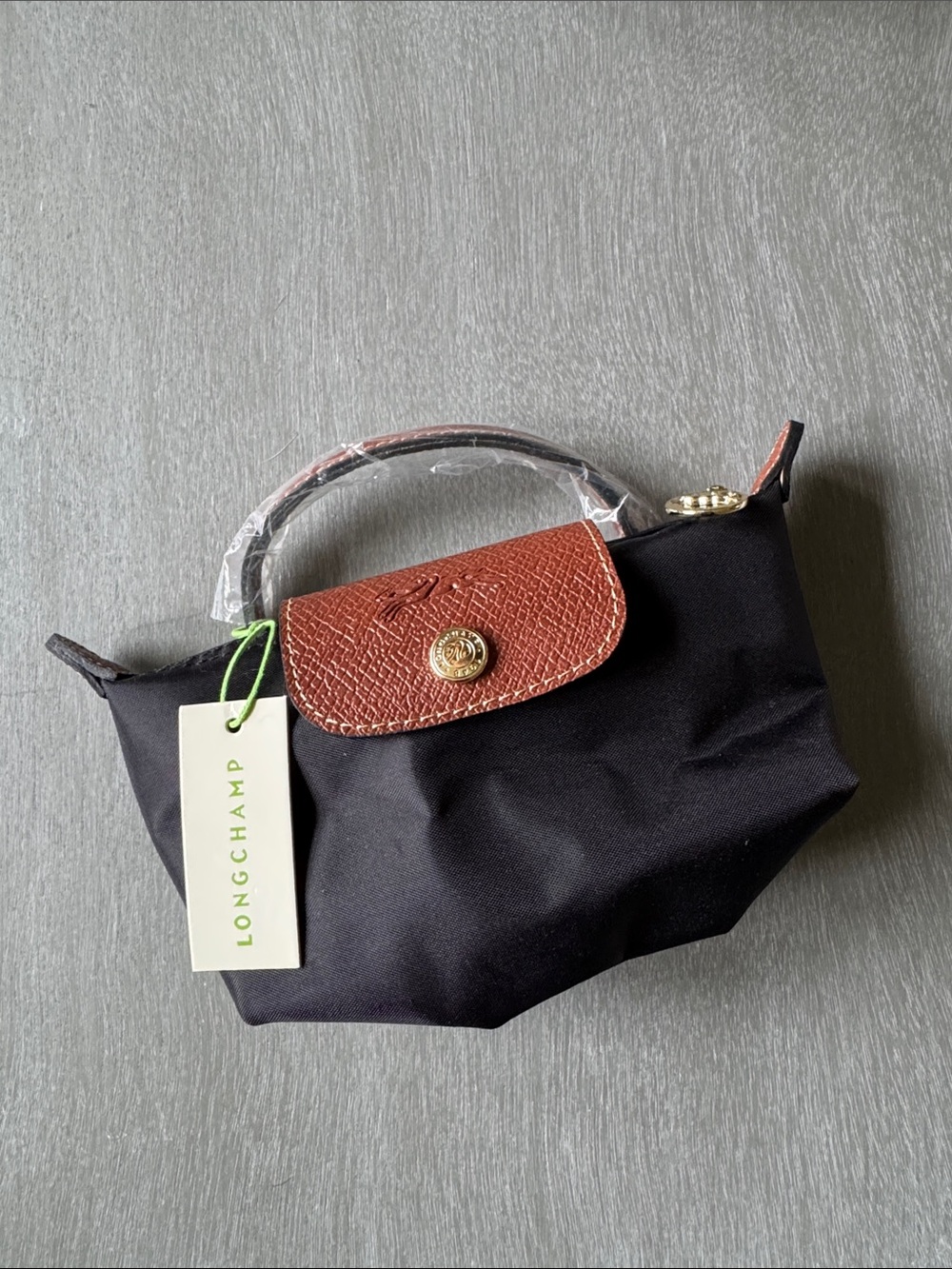 NWT Longchamp Black Nylon Mini Top-Handle Bag with Brown Flap